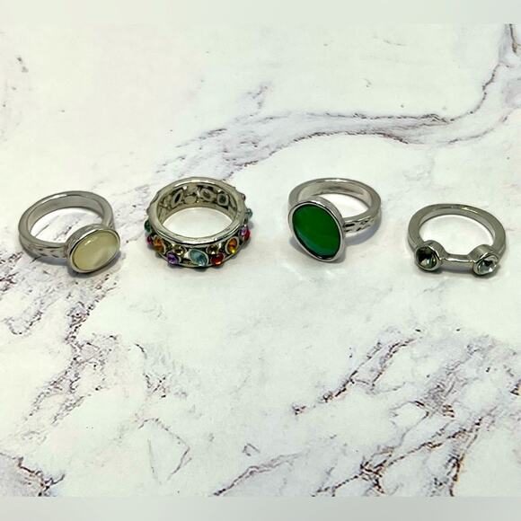 4 Silver tone rings with colored rhinestones and beads - Picture 1 of 8